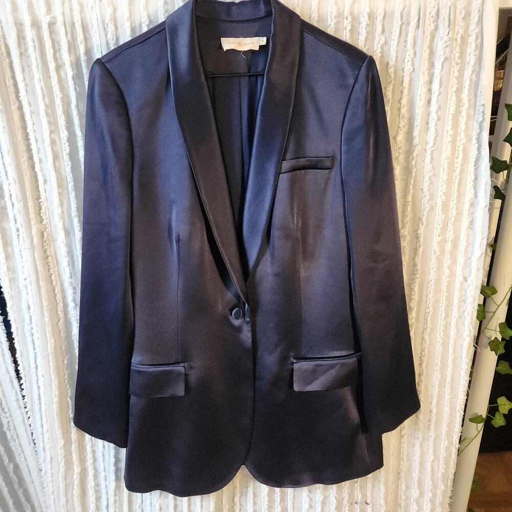 Tory Burch Sz 6 Blazer Blue Satin Oversized Dressy Designer Jacket Luxury - Picture 2 of 10